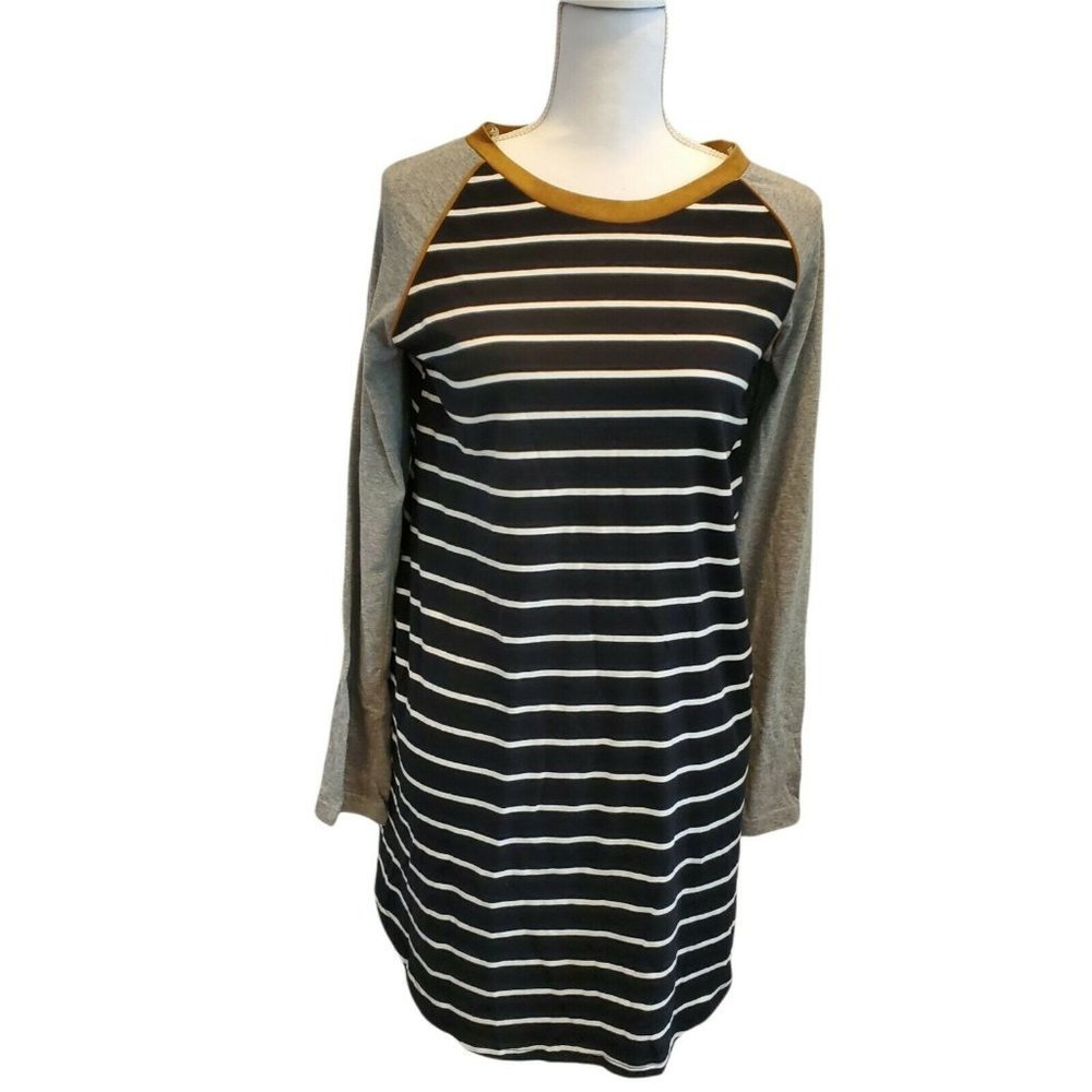 Umgee Longsleeve Tunic Top Oversized Black Gray Striped Pockets R7977 Size Small